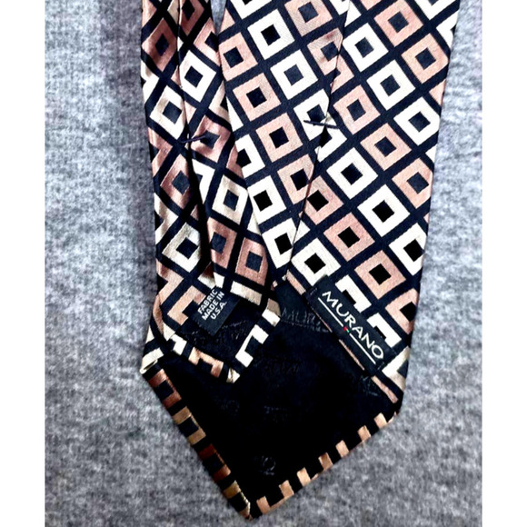 Murano Men 100% Silk Black Beige Taupe Square Stripe Geometric Tie - Picture 3 of 3